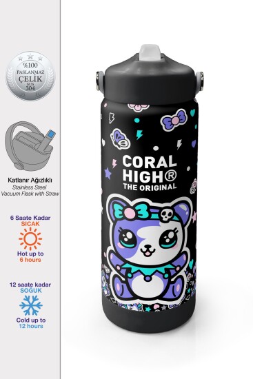 Coral High Siyah Ayıcık Desenli Katlanır Ağızlıklı Çelik Termos 650 ml 38324 - Coral High