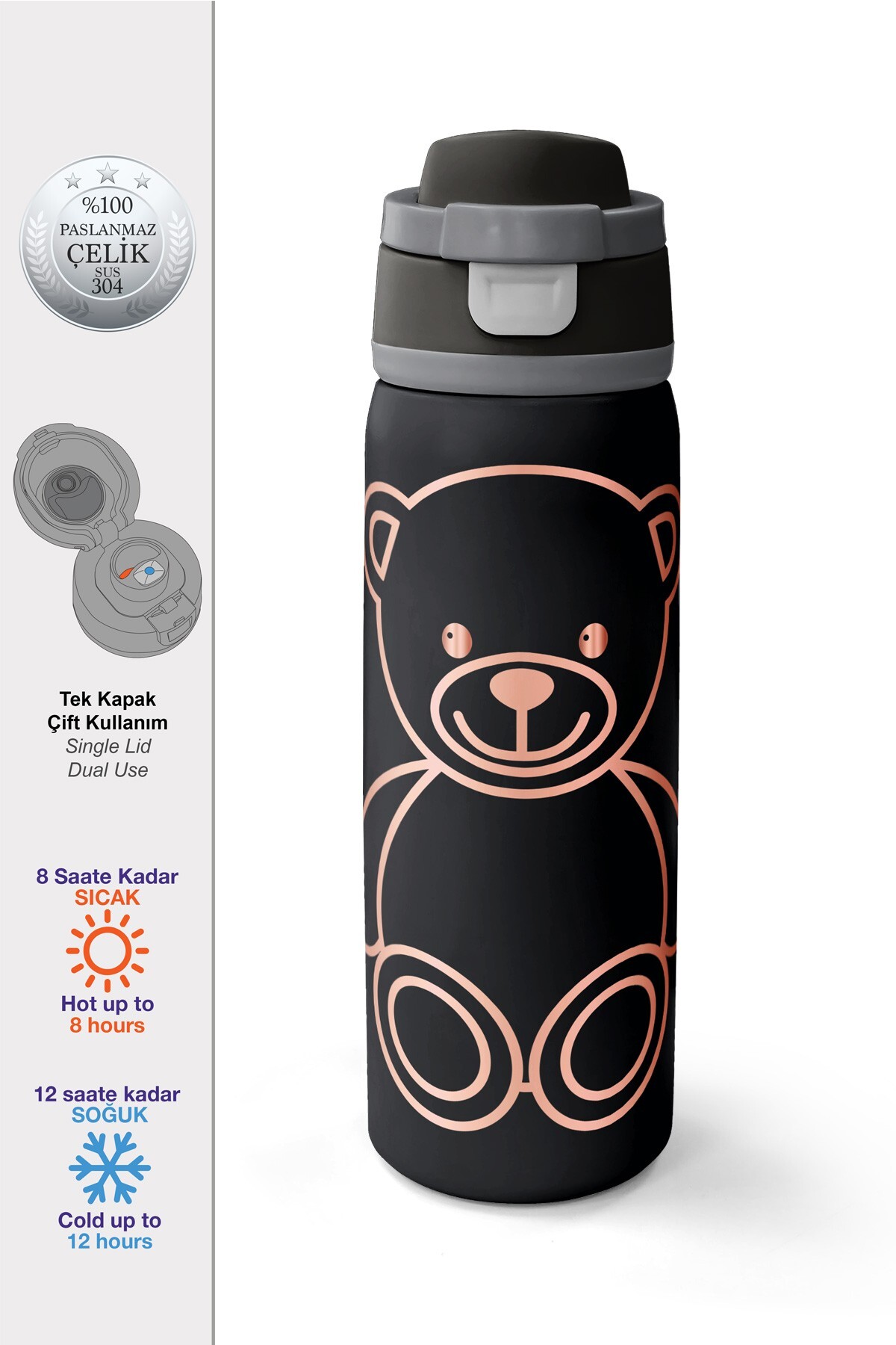 Coral High Siyah Ayıcık Desenli Pipetli ve Direkt İçim Çelik Termos 800 ml 38591