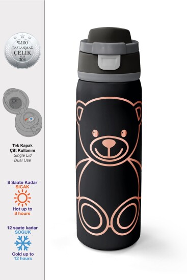 Coral High Siyah Ayıcık Desenli Pipetli ve Direkt İçim Çelik Termos 800 ml 38591 