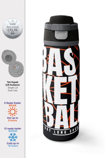 Coral High Siyah Basketbol Desenli Pipetli ve Direkt İçim Çelik Termos 800 ml 38528 