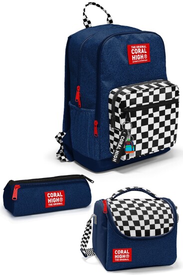 Coral High Siyah Beyaz Dama Desenli 3’lü Okul Çanta Seti SET0133234 - Coral High