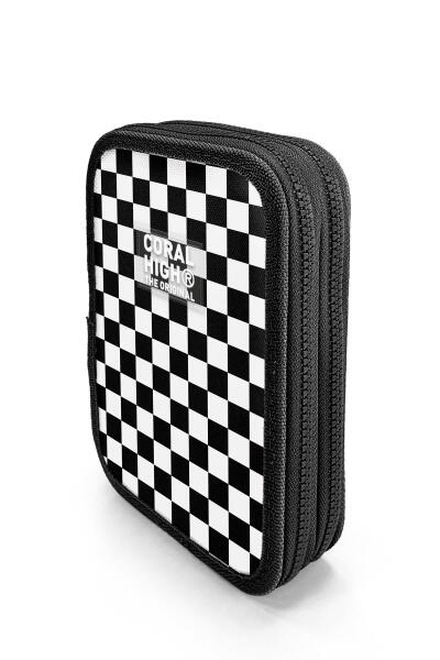 Coral High Siyah Beyaz Dama Desenli Çift Katlı Kalem Çanta 11146 - 2