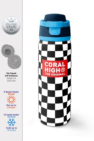 Coral High Siyah Beyaz Dama Desenli Pipetli ve Direkt İçim Çelik Termos 800 ml 38512 - Coral High