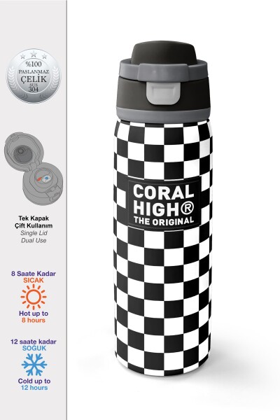 Coral High Siyah Beyaz Dama Desenli Pipetli ve Direkt İçim Çelik Termos 800 ml 38538 - 1