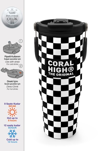 Coral High Siyah Beyaz Dama Desenli Pipetli ve Direkt İçim Çelik Termos 900 ml 38717 - 1