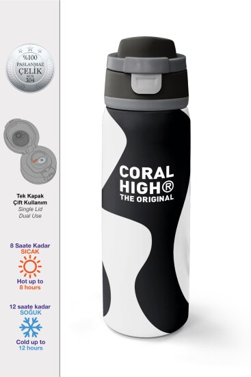 Coral High Siyah Beyaz Desenli Pipetli ve Direkt İçim Çelik Termos 800 ml 38547 - Coral High