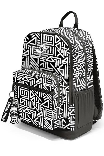 Coral High Siyah Beyaz Geomatrik Desenli Okul Sırt Çantası 23682 - 7