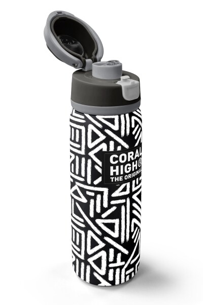 Coral High Siyah Beyaz Geometrik Desenli Pipetli ve Direkt İçim Çelik Termos 800 ml 38542 - 3