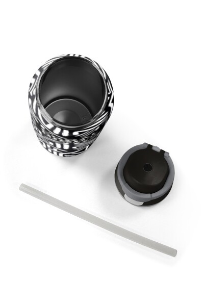 Coral High Siyah Beyaz Geometrik Desenli Pipetli ve Direkt İçim Çelik Termos 800 ml 38542 - 8