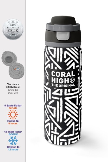 Coral High Siyah Beyaz Geometrik Desenli Pipetli ve Direkt İçim Çelik Termos 800 ml 38542 
