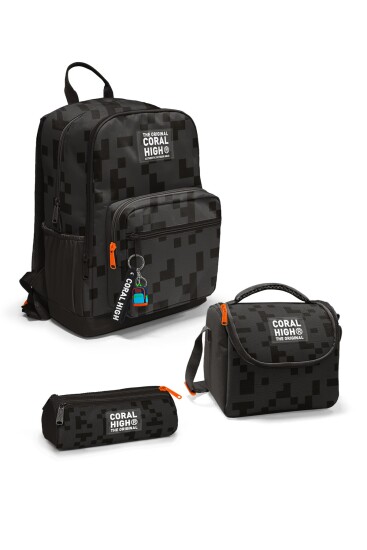 Coral High Siyah Blok Desenli 3’lü Okul Çanta Seti SET0123694 - CORAL HIGH