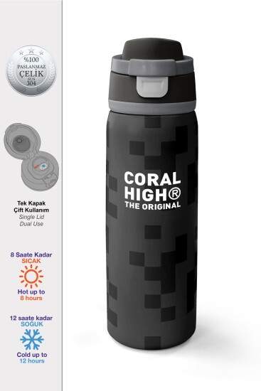 Coral High Siyah Blok Desenli Pipetli ve Direkt İçim Çelik Termos 800 ml 38554 