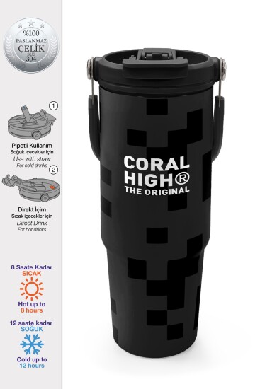 Coral High Siyah Blok Desenli Pipetli ve Direkt İçim Çelik Termos 900 ml 38720 - Coral High