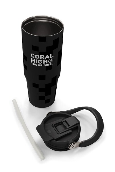 Coral High Siyah Blok Desenli Pipetli ve Direkt İçim Çelik Termos 900 ml 38720 - 8