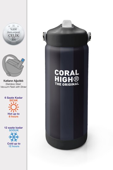 Coral High Siyah Çizgili Desenli Katlanır Ağızlıklı Çelik Termos 650 ml 38318 - Coral High