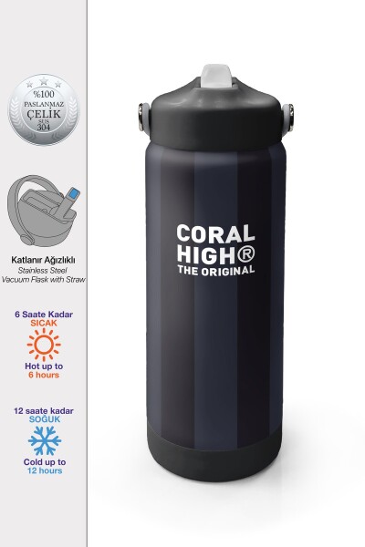 Coral High Siyah Çizgili Desenli Katlanır Ağızlıklı Çelik Termos 650 ml 38318 - 1