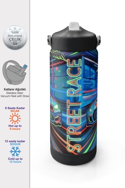 Coral High Siyah Çok Renkli Yarış Arabası Desenli Katlanır Ağızlıklı Çelik Termos 650 ml 38341 - 1