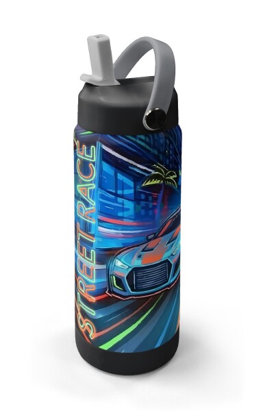 Coral High Siyah Çok Renkli Yarış Arabası Desenli Katlanır Ağızlıklı Çelik Termos 650 ml 38341 - 2