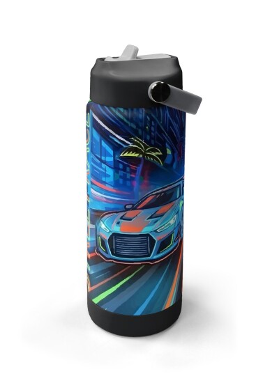 Coral High Siyah Çok Renkli Yarış Arabası Desenli Katlanır Ağızlıklı Çelik Termos 650 ml 38341 - 4