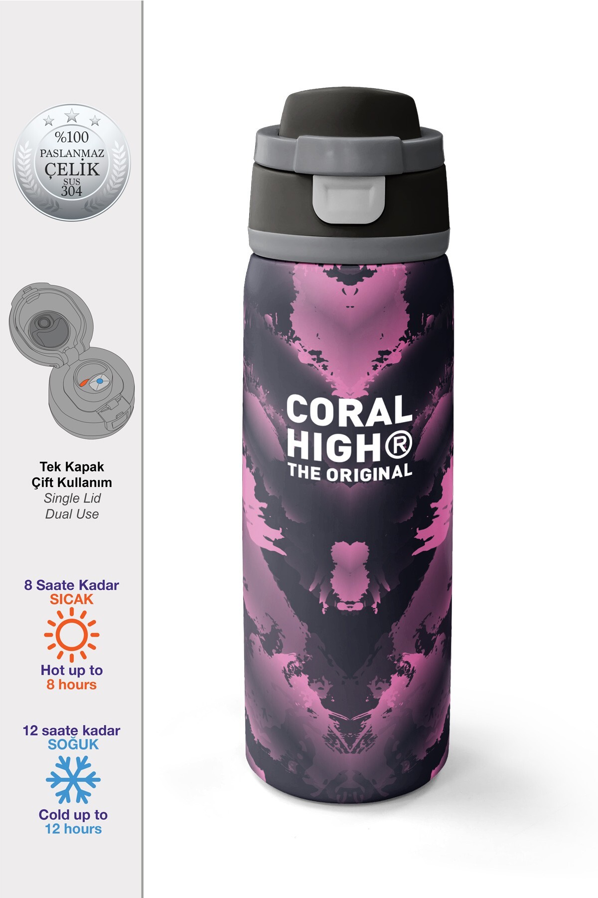 Coral High Siyah Desenli Pipetli ve Direkt İçim Çelik Termos 800 ml 38571