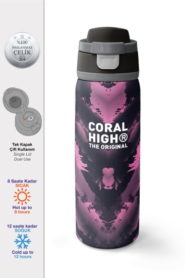 Coral High Siyah Desenli Pipetli ve Direkt İçim Çelik Termos 800 ml 38571 