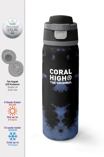 Coral High Siyah Desenli Pipetli ve Direkt İçim Çelik Termos 800 ml 38584 