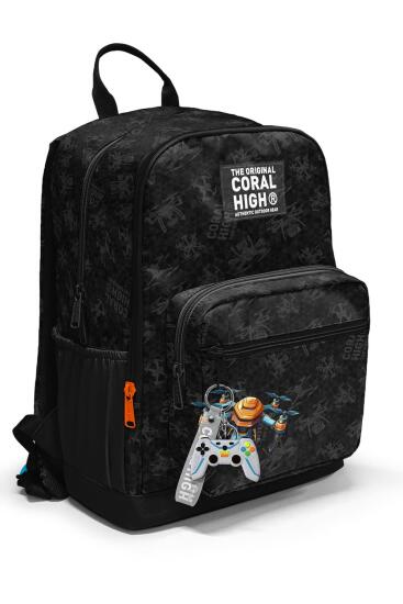 Coral High Siyah Drone Desenli Okul Sırt Çantası 23691 - Coral High