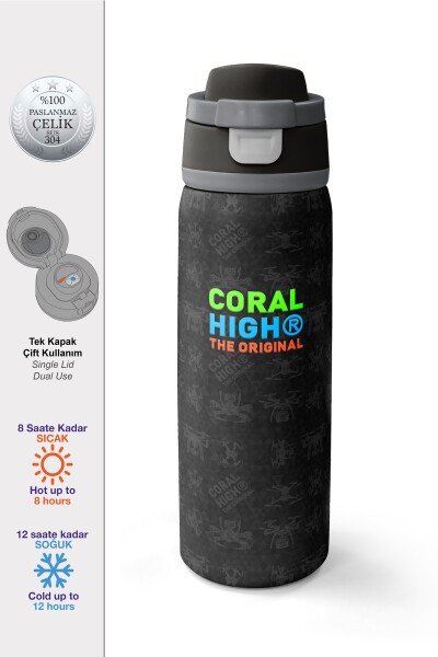 Coral High Siyah Drone Desenli Pipetli ve Direkt İçim Çelik Termos 800 ml 38551 - 1