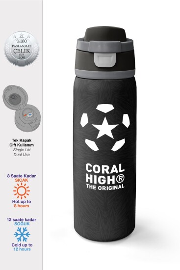 Coral High Siyah Futbol Desenli Pipetli ve Direkt İçim Çelik Termos 800 ml 38558 