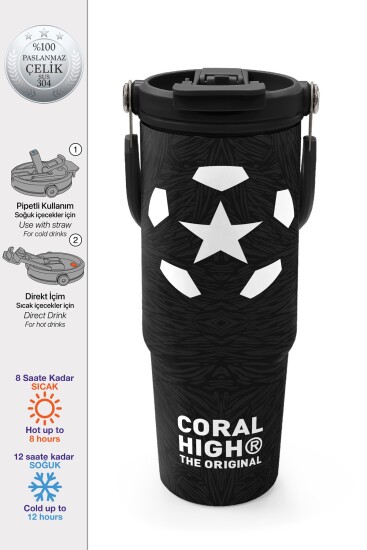 Coral High Siyah Futbol Desenli Pipetli ve Direkt İçim Çelik Termos 900 ml 38722 - Coral High