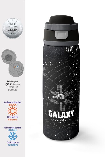 Coral High Siyah Galaxy Desenli Pipetli ve Direkt İçim Çelik Termos 800 ml 38533 