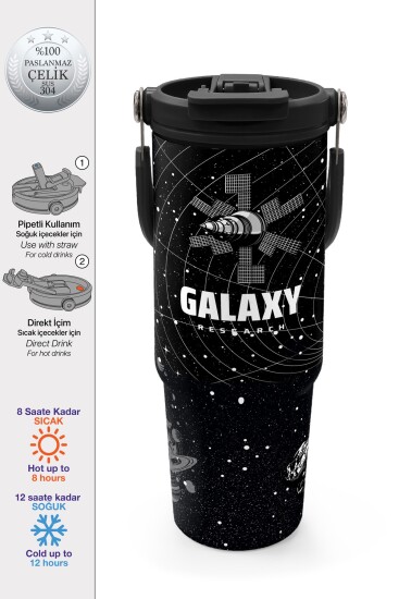 Coral High Siyah Galaxy Desenli Pipetli ve Direkt İçim Çelik Termos 900 ml 38713 