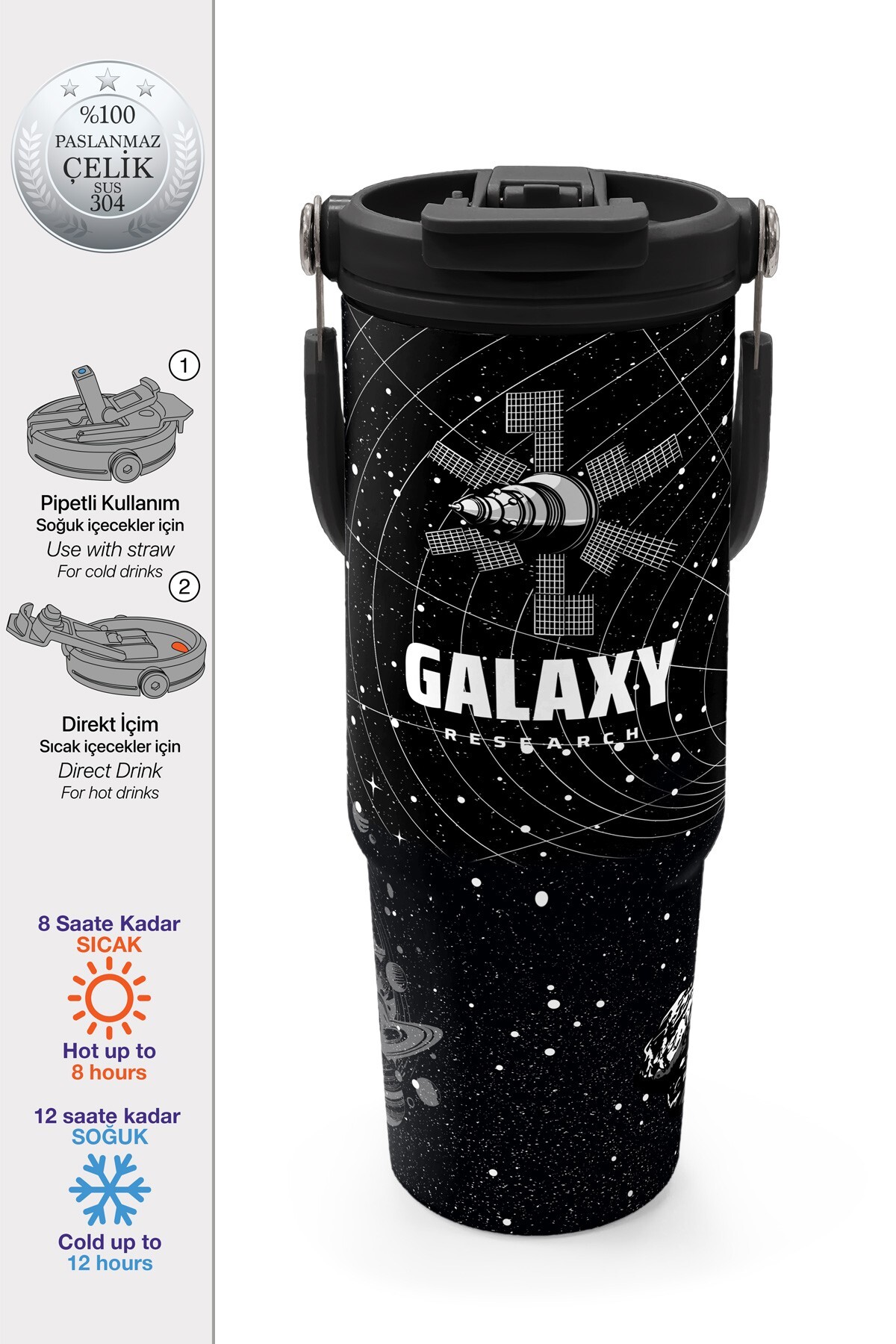 Coral High Siyah Galaxy Desenli Pipetli ve Direkt İçim Çelik Termos 900 ml 38713