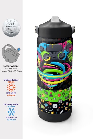 Coral High Siyah Gamer Desenli Katlanır Ağızlıklı Çelik Termos 650 ml 38340 - Coral High