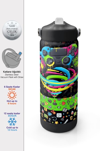 Coral High Siyah Gamer Desenli Katlanır Ağızlıklı Çelik Termos 650 ml 38340 - 1