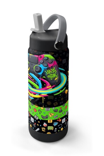 Coral High Siyah Gamer Desenli Katlanır Ağızlıklı Çelik Termos 650 ml 38340 - 2