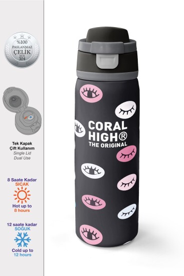 Coral High Siyah Göz Desenli Pipetli ve Direkt İçim Çelik Termos 800 ml 38596 - Coral High