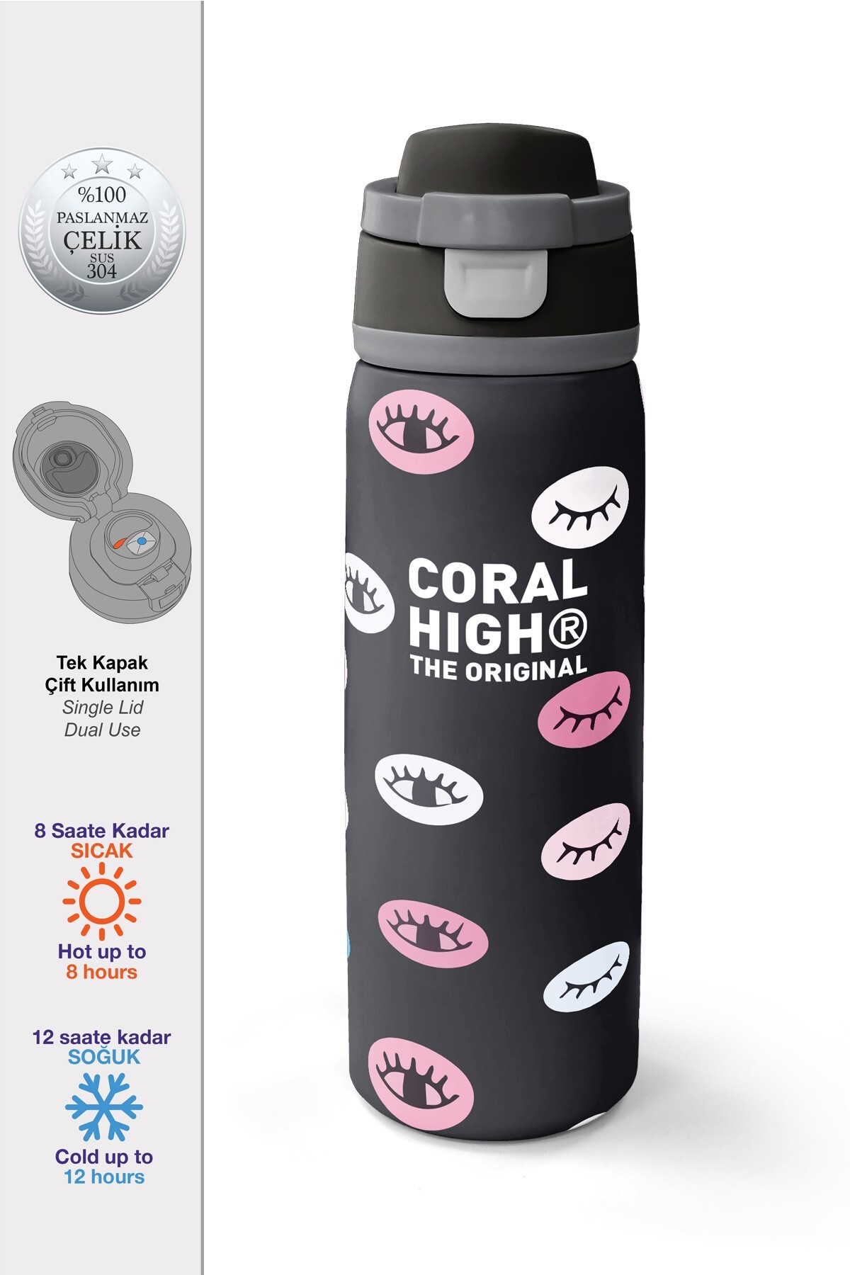 Coral High Siyah Göz Desenli Pipetli ve Direkt İçim Çelik Termos 800 ml 38596
