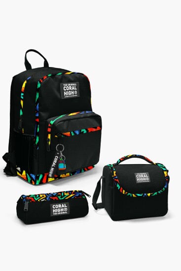Coral High Siyah Grafiti Desenli 3’lü Okul Çanta Seti SET0123633 - Coral High