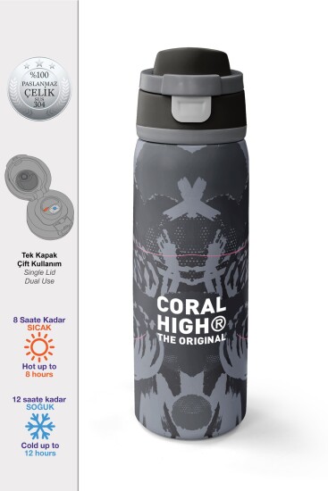 Coral High Siyah Gri Desenli Pipetli ve Direkt İçim Çelik Termos 800 ml 38577 - Coral High