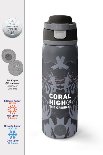 Coral High Siyah Gri Desenli Pipetli ve Direkt İçim Çelik Termos 800 ml 38577 - 1