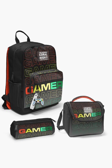 Coral High Siyah Gri Gamer Desenli 3’lü Okul Çanta Seti SET0123640 