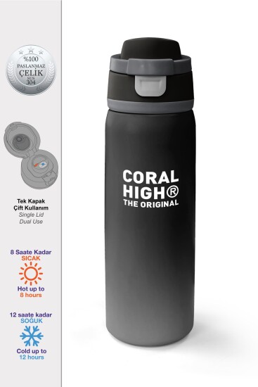 Coral High Siyah Gri Gamer Desenli Pipetli ve Direkt İçim Çelik Termos 800 ml 38529 - Coral High