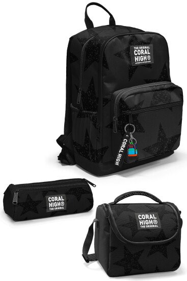Coral High Siyah Gri Yıldız Desenli 3’lü Okul Çanta Seti SET0133237 - Coral High