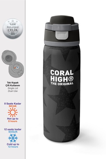 Coral High Siyah Gri Yıldız Desenli Pipetli ve Direkt İçim Çelik Termos 800 ml 38515 