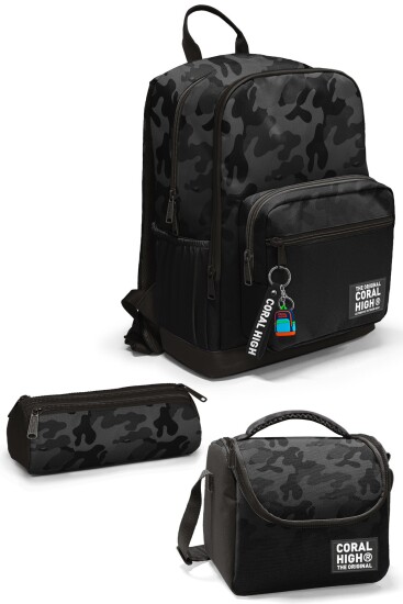 Coral High Siyah Kamuflaj Desenli 3’lü Okul Çanta Seti SET0133238 - Coral High
