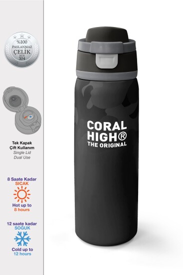 Coral High Siyah Kamuflaj Desenli Pipetli ve Direkt İçim Çelik Termos 800 ml 38516 - Coral High