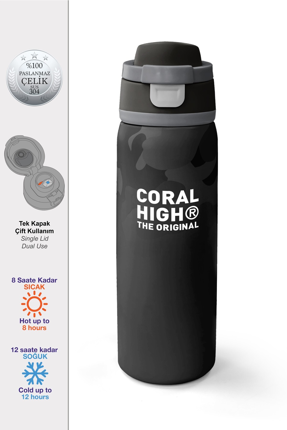 Coral High Siyah Kamuflaj Desenli Pipetli ve Direkt İçim Çelik Termos 800 ml 38516