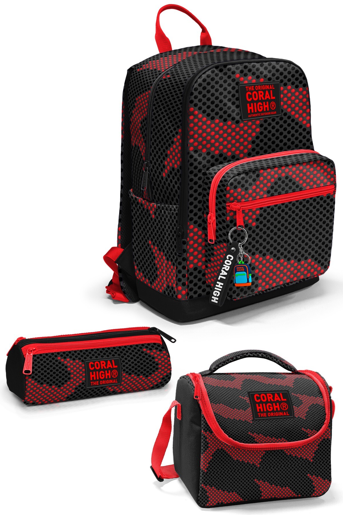 Coral High Siyah Kırmızı Desenli 3’lü Okul Çanta Seti SET0133233