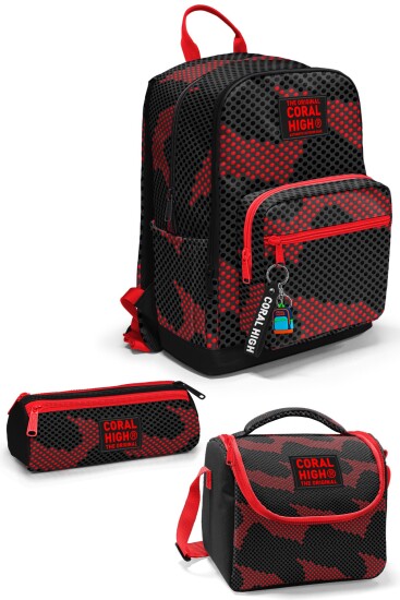 Coral High Siyah Kırmızı Desenli 3’lü Okul Çanta Seti SET0133233 